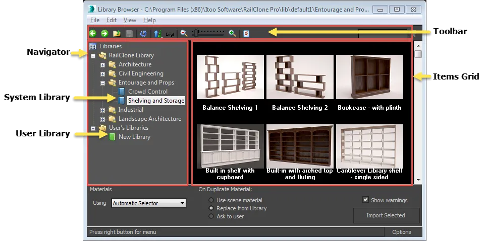 RailClone library browser interface