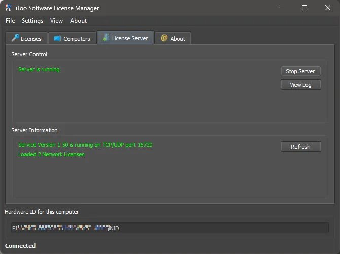 License manager server Tab information