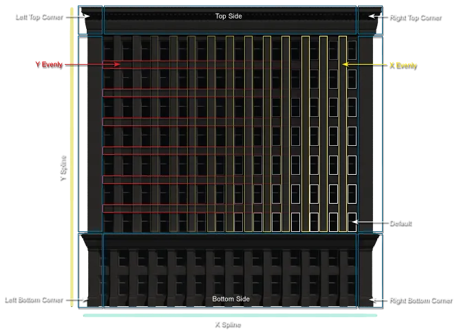 Este diagrama explica las diferentes ranuras de nodo utilizadas para crear la fachada de arriba.